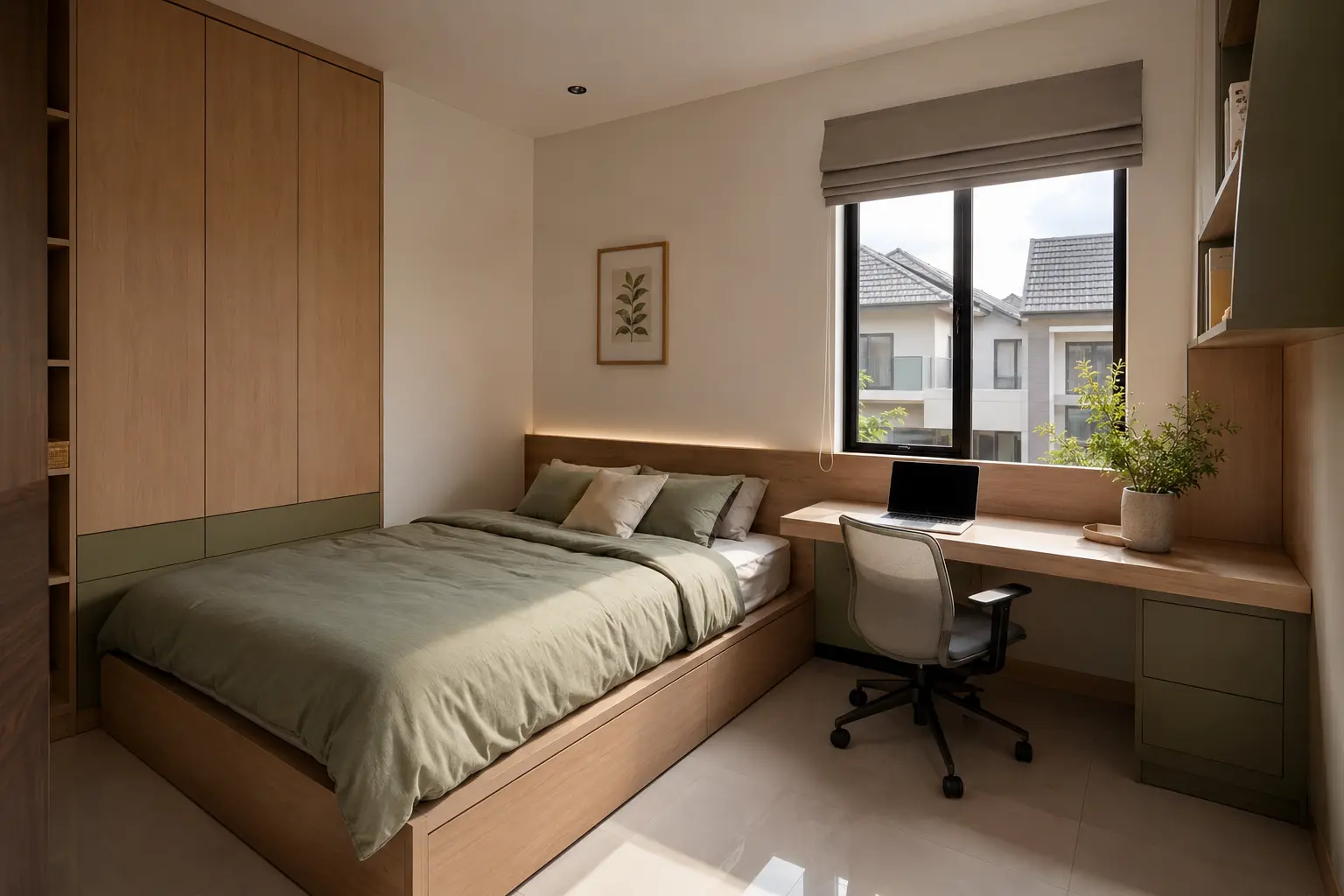 Kamar tidur modern dengan penyimpanan terintegrasi