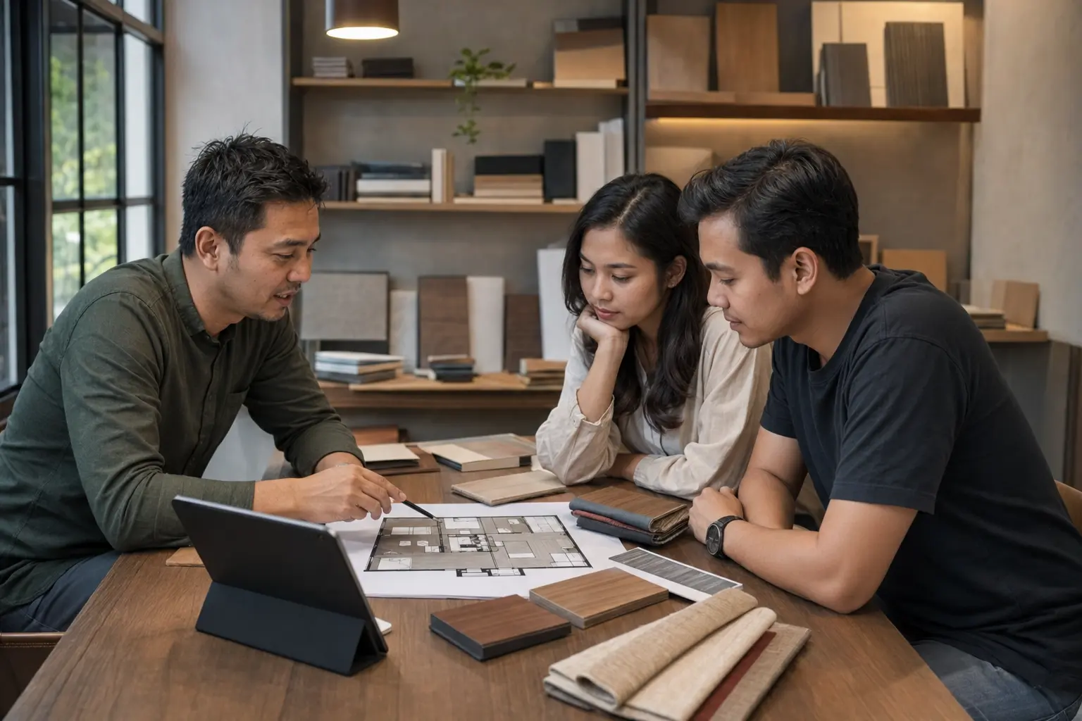 Pemilik rumah berdiskusi dengan desainer interior