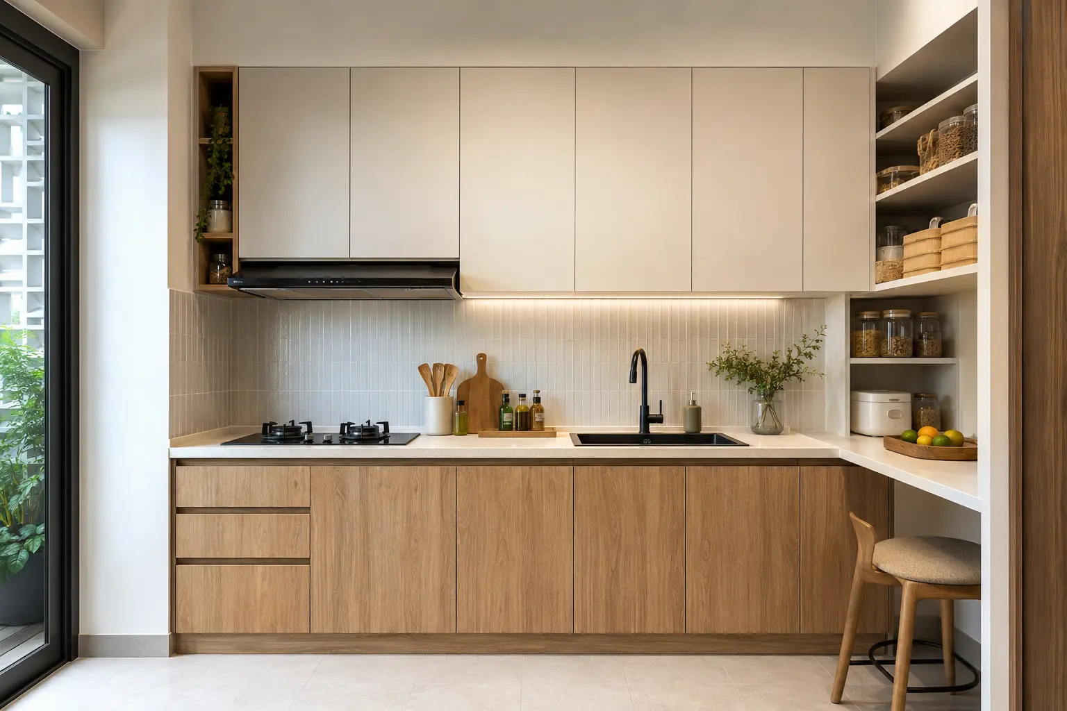 Dapur modern dengan kabinet kayu dan warna hijau lembut
