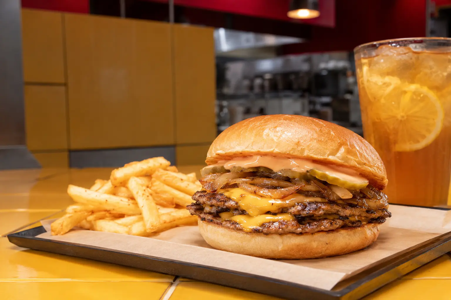 Smash burger dua lapis dengan kentang goreng