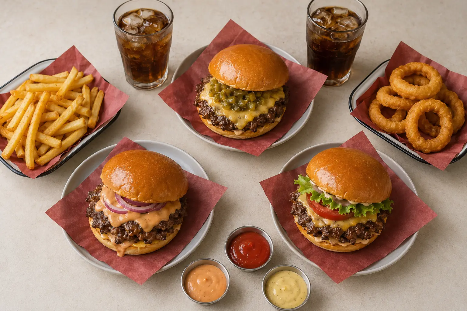 Pilihan burger, kentang, onion rings, dan minuman