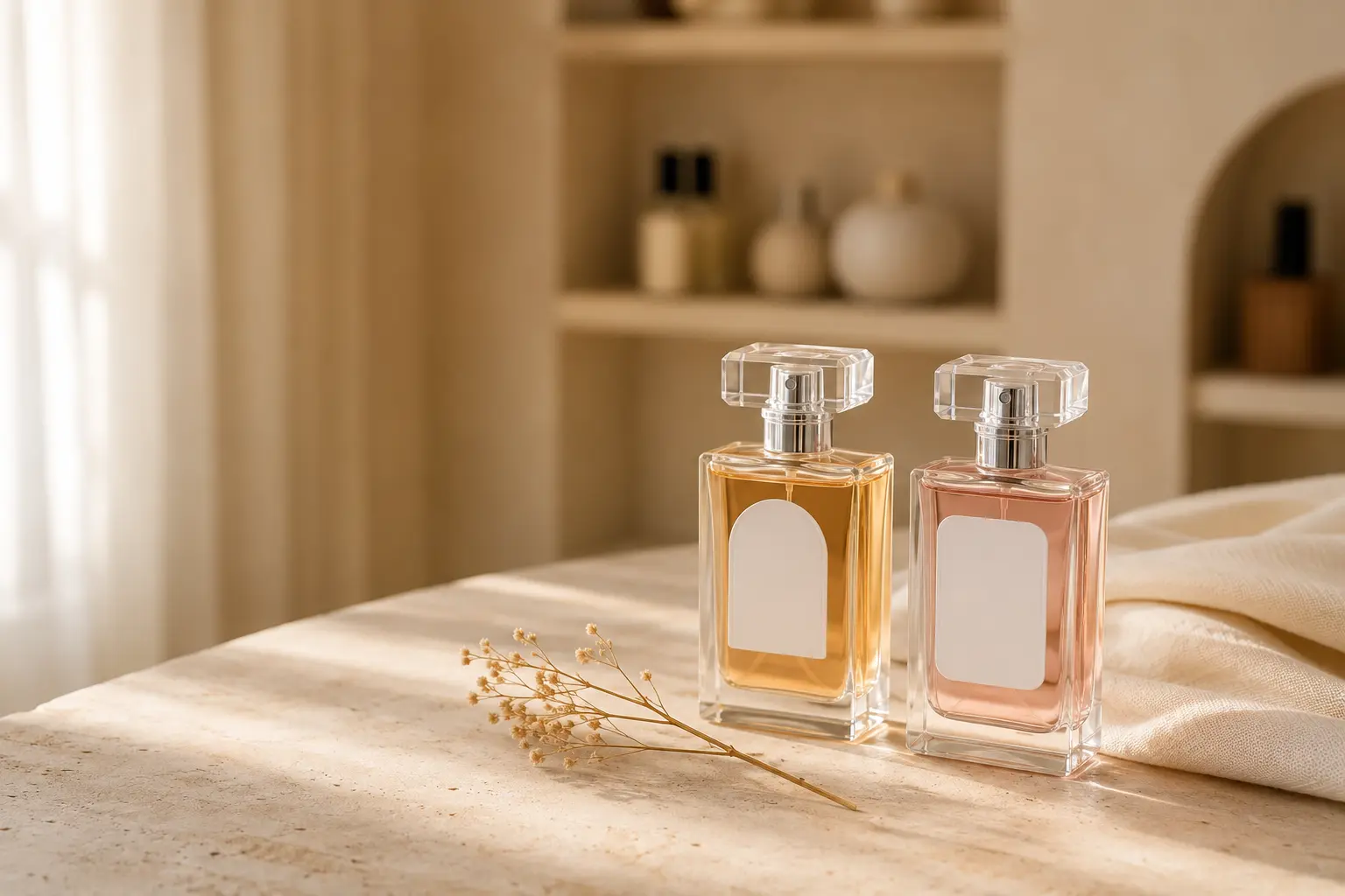Dua botol parfum Nisa Parfum di atas meja rias