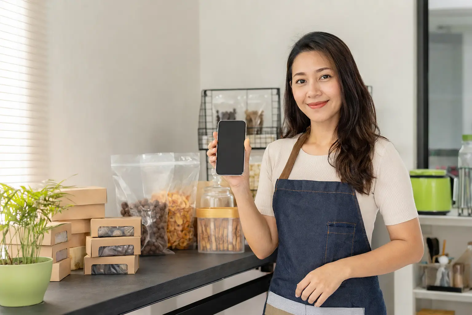 Pemilik UMKM menyiapkan produk sambil menunjukkan informasi usaha di ponsel